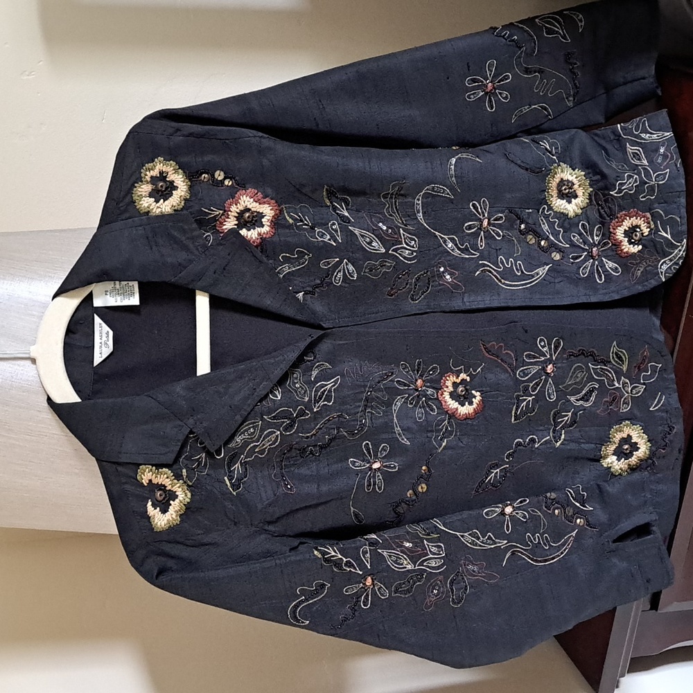 Laura Ashley Black jacket with embroidery and beads. Size Small Petite. Used.